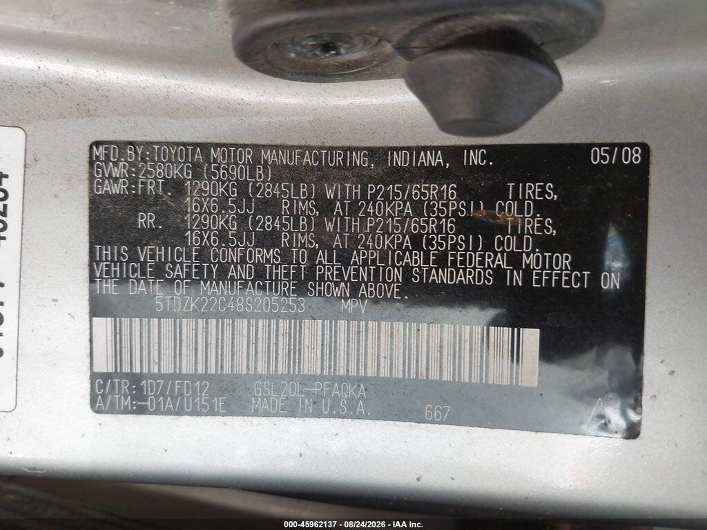 5TDZK22C48S205253 2008 TOYOTA SIENNA photo no. 9