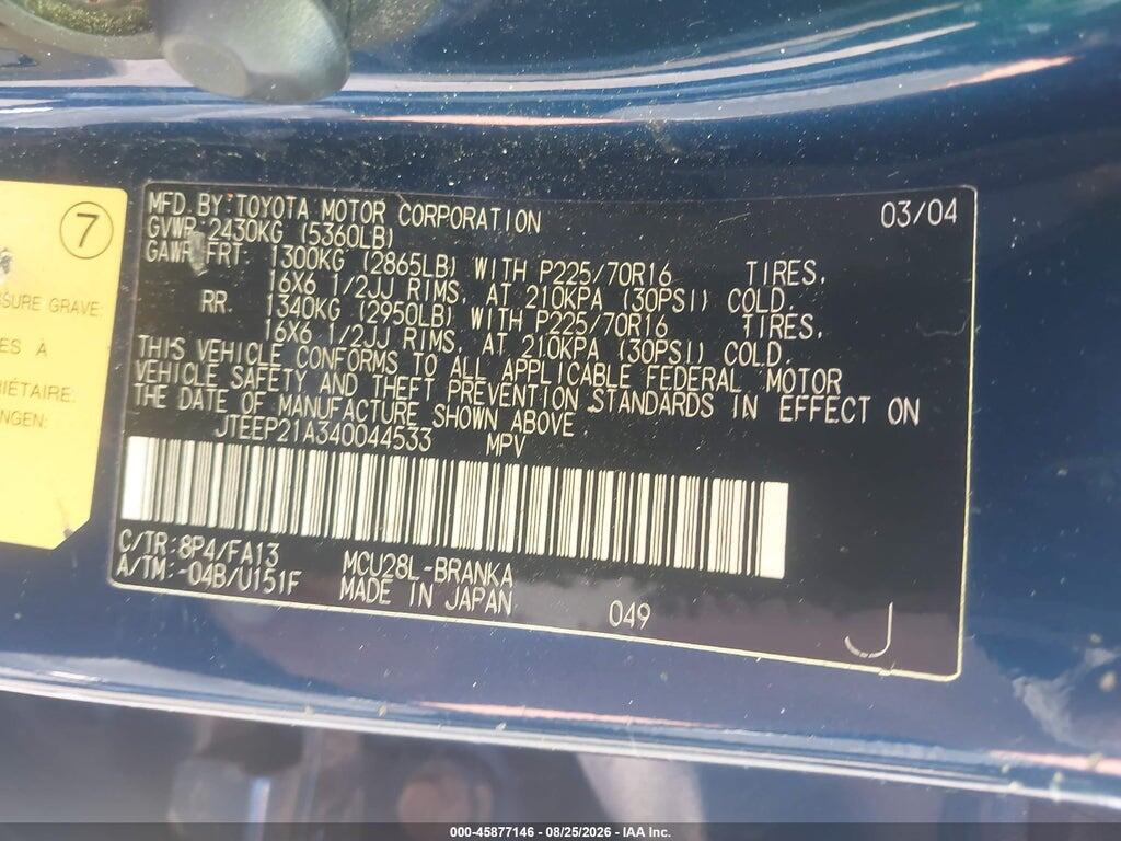 JTEEP21A340044533 2004 TOYOTA HIGHLANDER photo no. 9