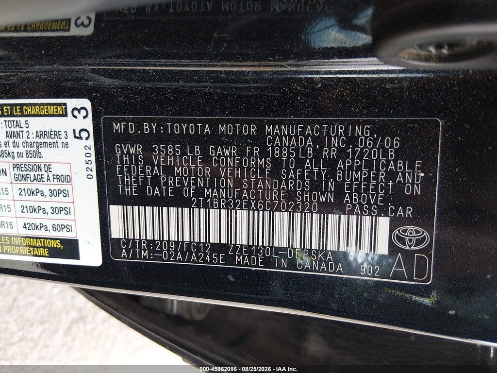 2T1BR32EX6C702320 2006 TOYOTA COROLLA photo no. 9