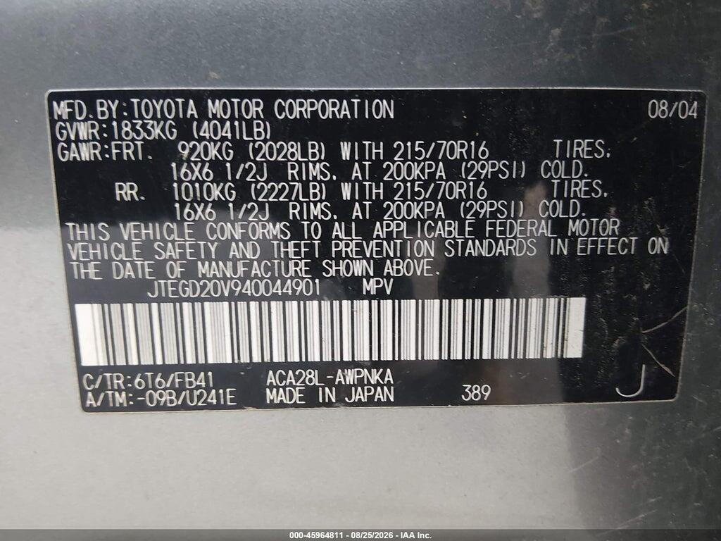 JTEGD20V940044901 2004 TOYOTA RAV4 photo no. 9