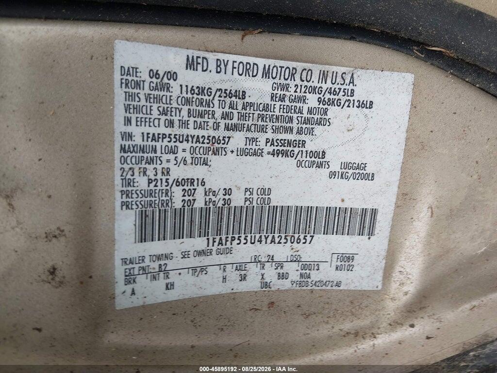 1FAFP55U4YA250657 2000 FORD TAURUS photo no. 9