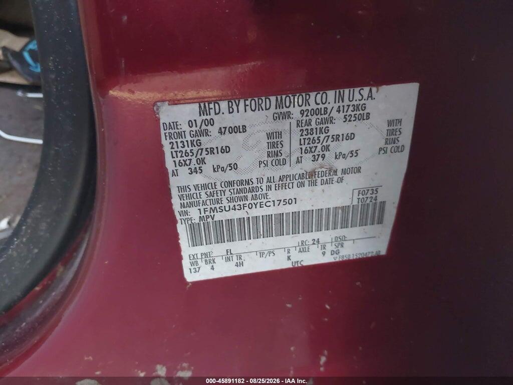 1FMSU43F0YEC17501 2000 FORD EXCURSION photo no. 9