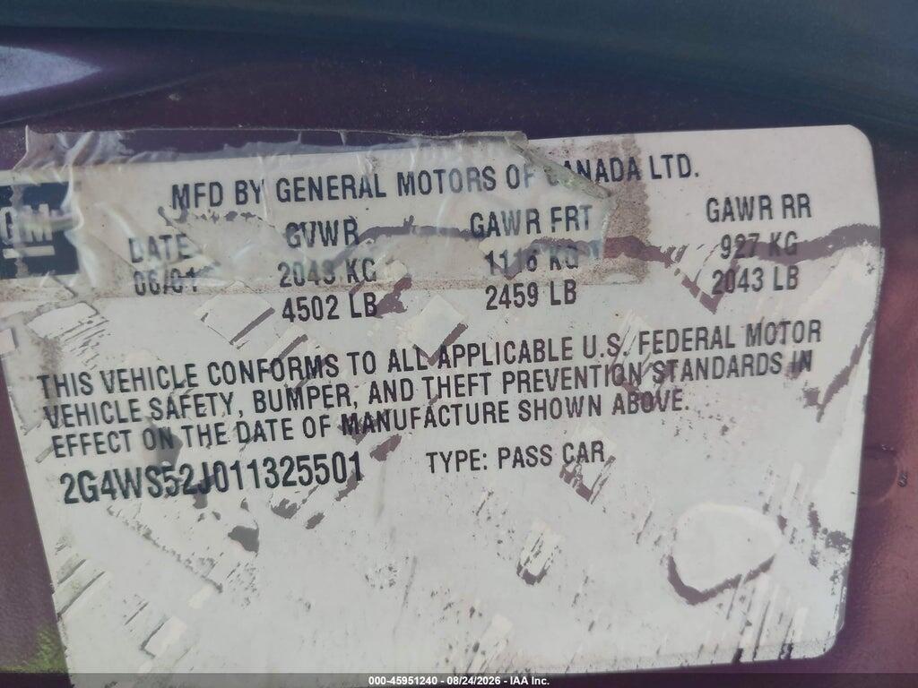 2G4WS52J011325501 2001 BUICK CENTURY photo no. 9