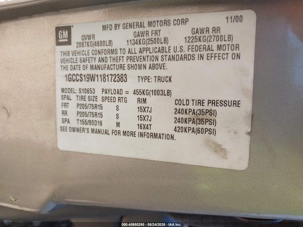 1GCCS19W118172383 2001 CHEVROLET S-10 photo no. 9
