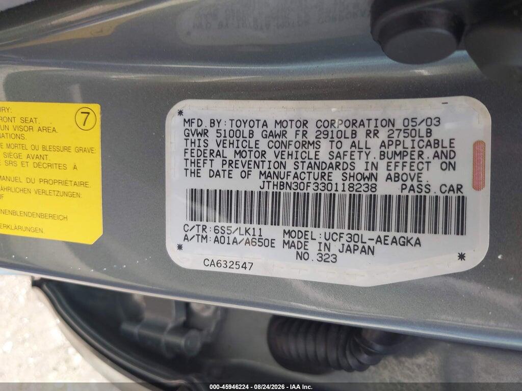 JTHBN30F330118238 2003 LEXUS LS 430 photo no. 9