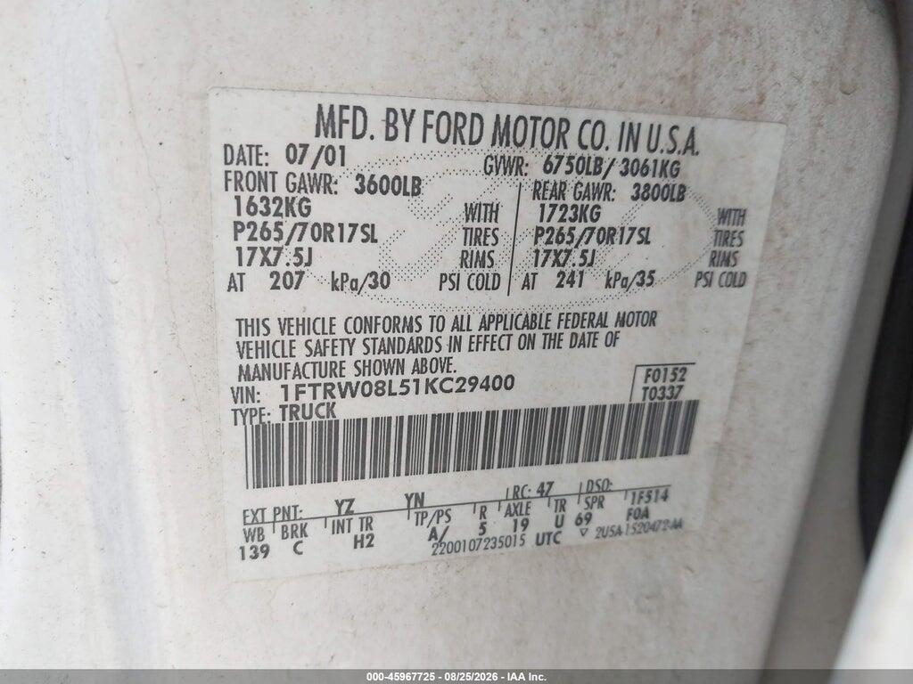 1FTRW08L51KC29400 2001 FORD F-150 photo no. 9