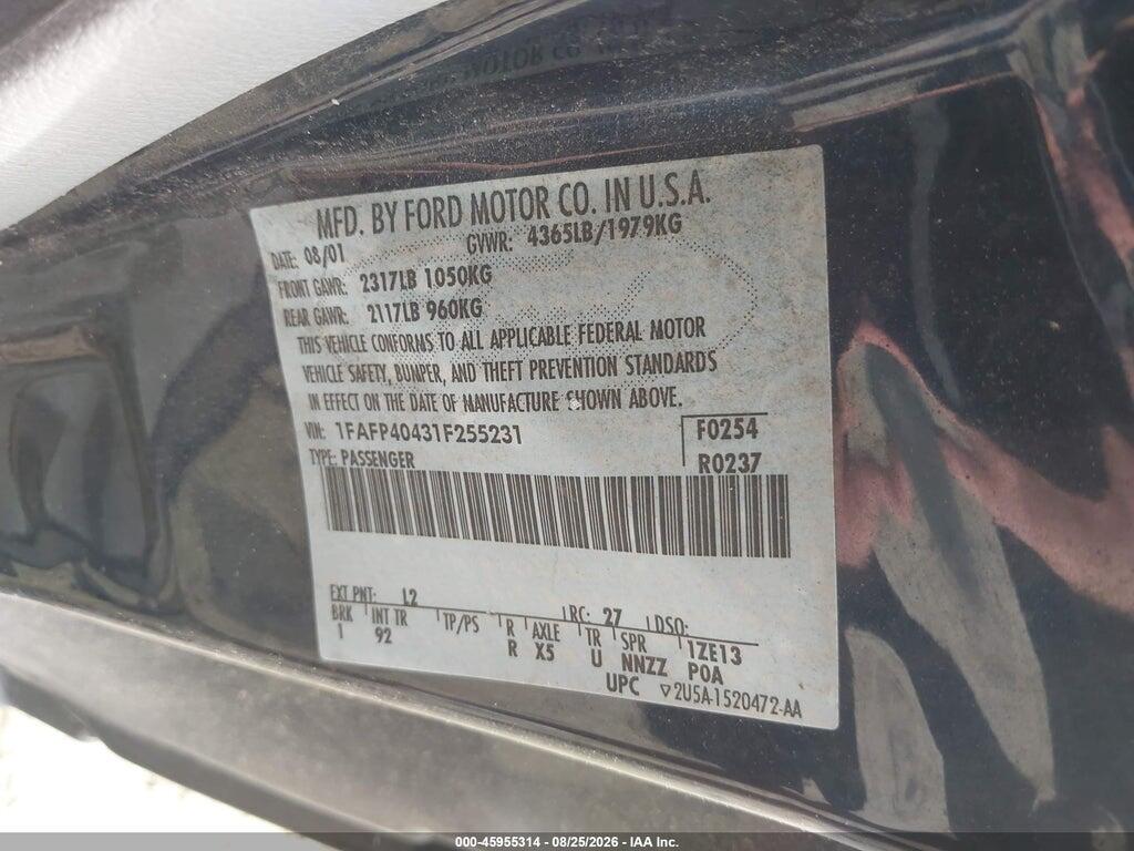 1FAFP40431F255231 2001 FORD MUSTANG photo no. 9