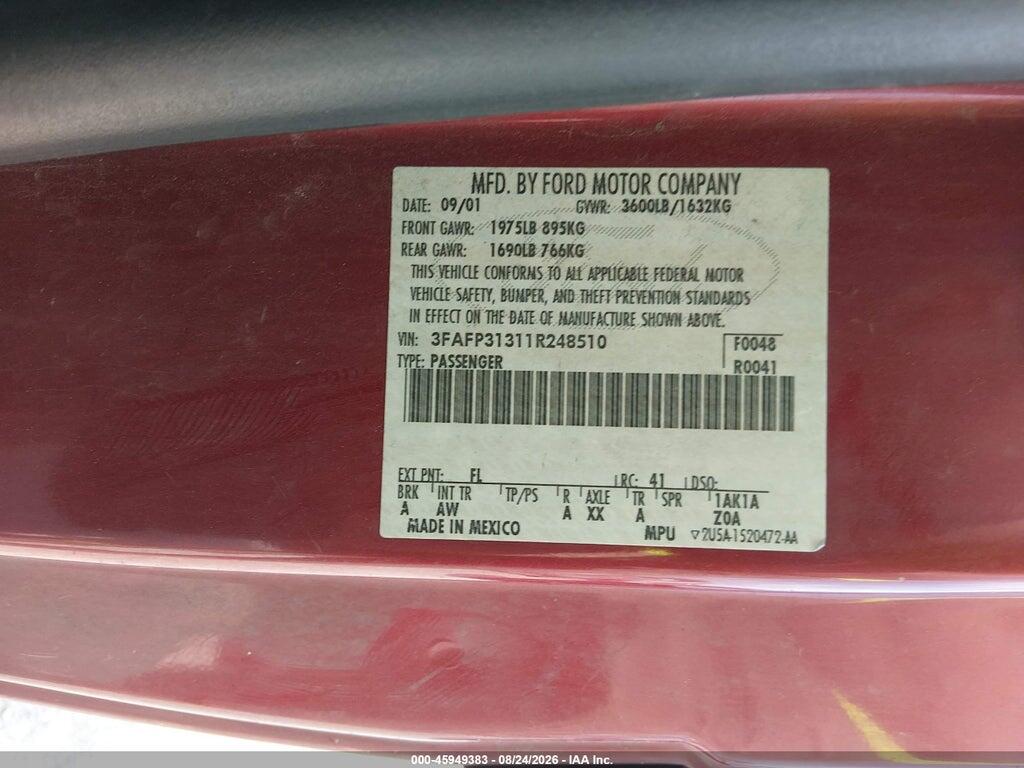 3FAFP31311R248510 2001 FORD FOCUS photo no. 9