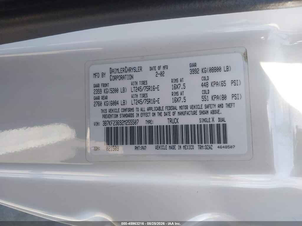 3B7KF23692M255507 2002 DODGE RAM 2500 photo no. 9