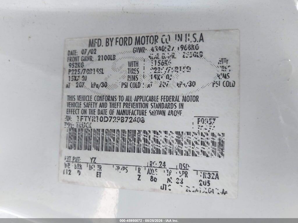 1FTYR10D72PB72408 2002 FORD RANGER photo no. 9