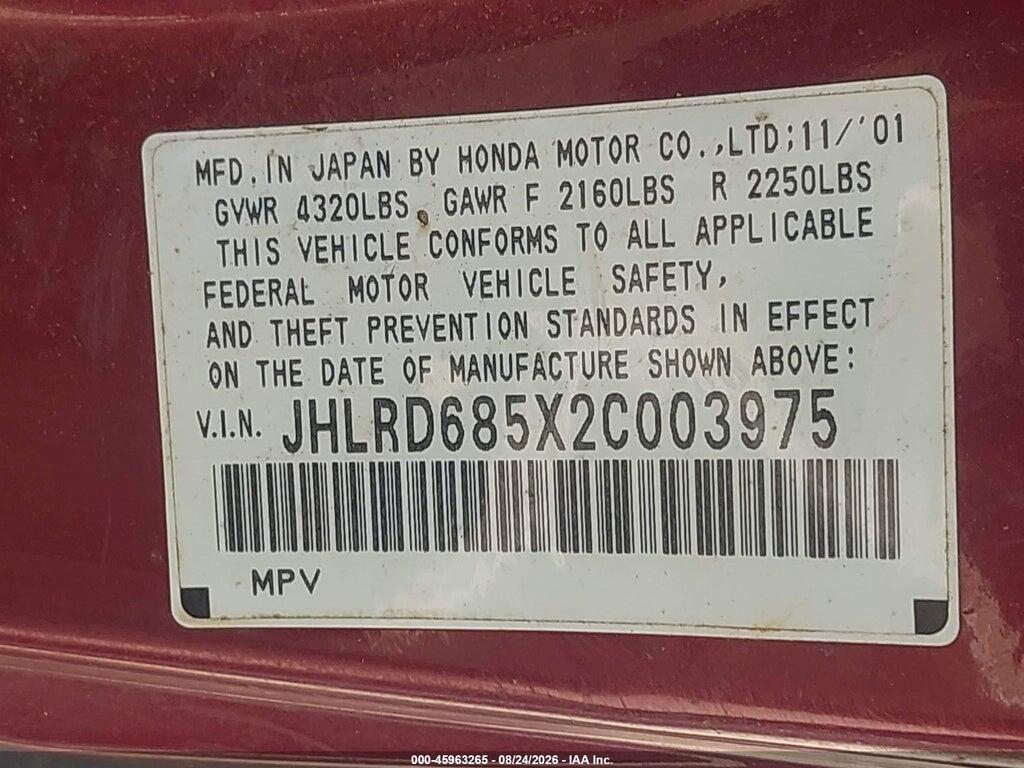 JHLRD685X2C003975 2002 HONDA CR-V photo no. 9