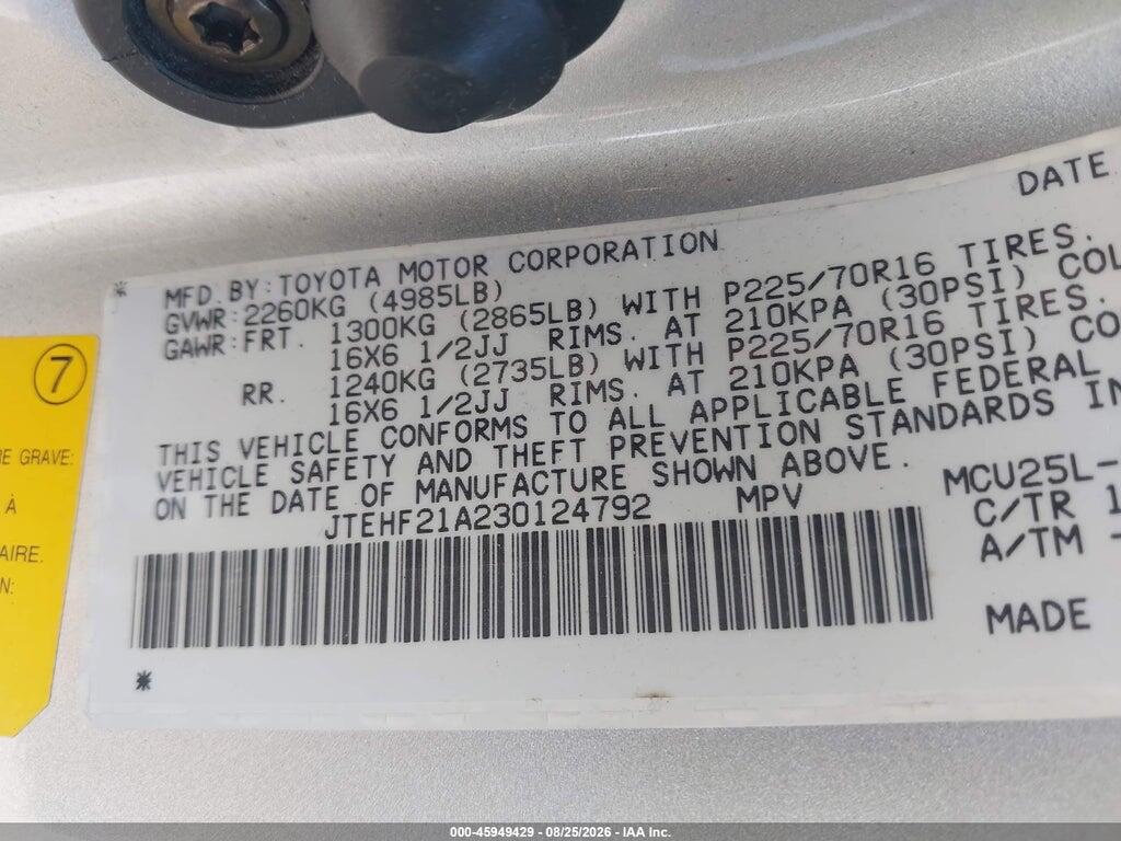 JTEHF21A230124792 2003 TOYOTA HIGHLANDER photo no. 9