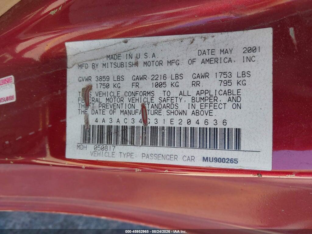 4A3AC34G31E204636 2001 MITSUBISHI ECLIPSE photo no. 12