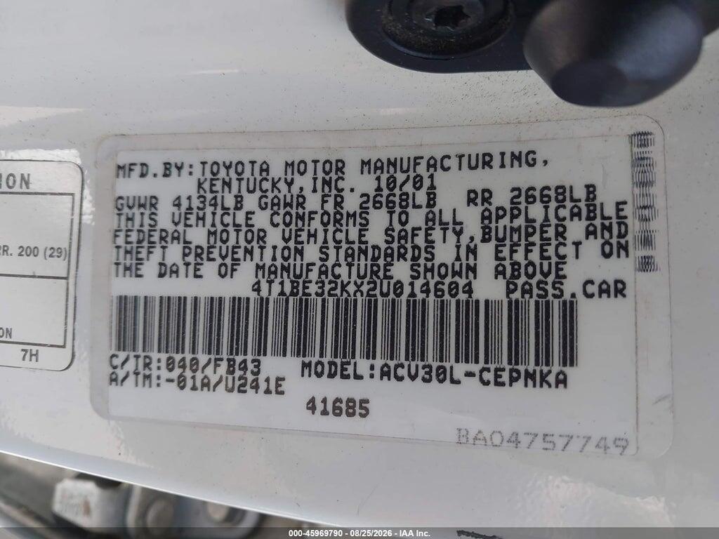 4T1BE32KX2U014604 2002 TOYOTA CAMRY photo no. 9