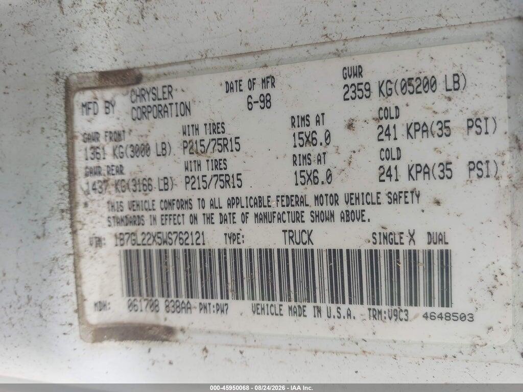 1B7GL22X5WS762121 1998 DODGE DAKOTA photo no. 9