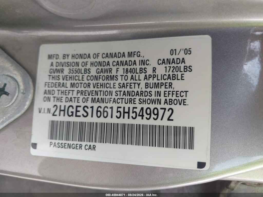 2HGES16615H549972 2005 HONDA CIVIC photo no. 9