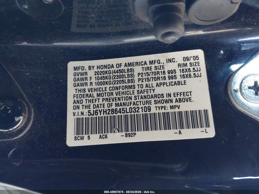 5J6YH28645L032109 2005 HONDA ELEMENT photo no. 9