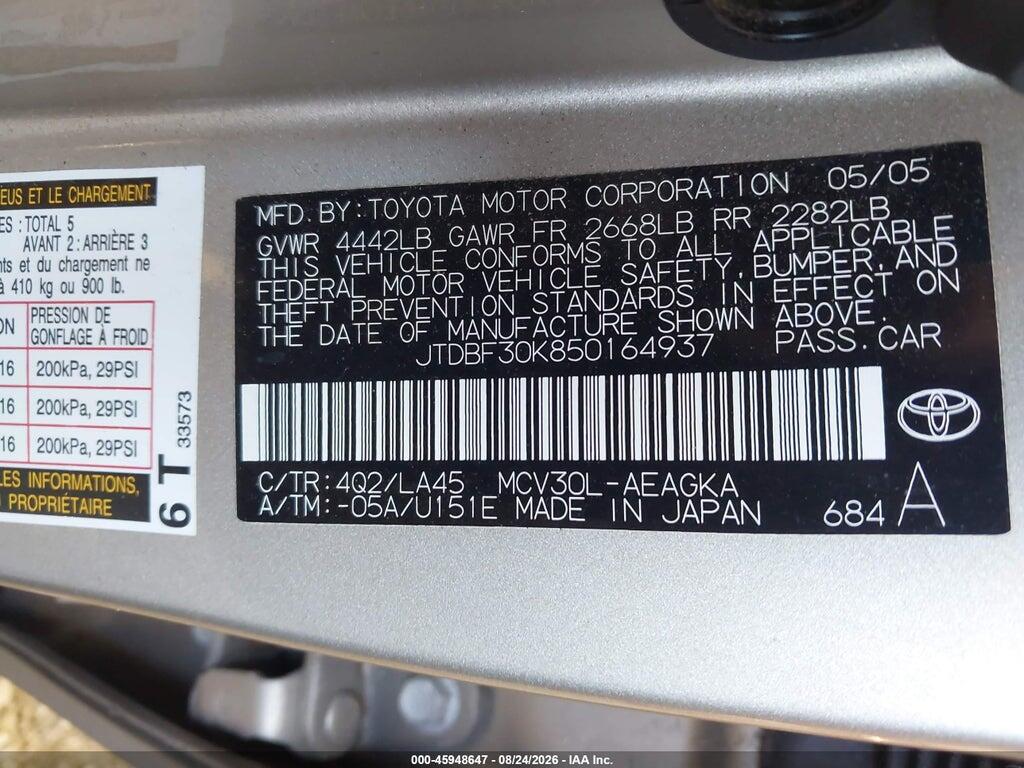 JTDBF30K850164937 2005 TOYOTA CAMRY photo no. 9