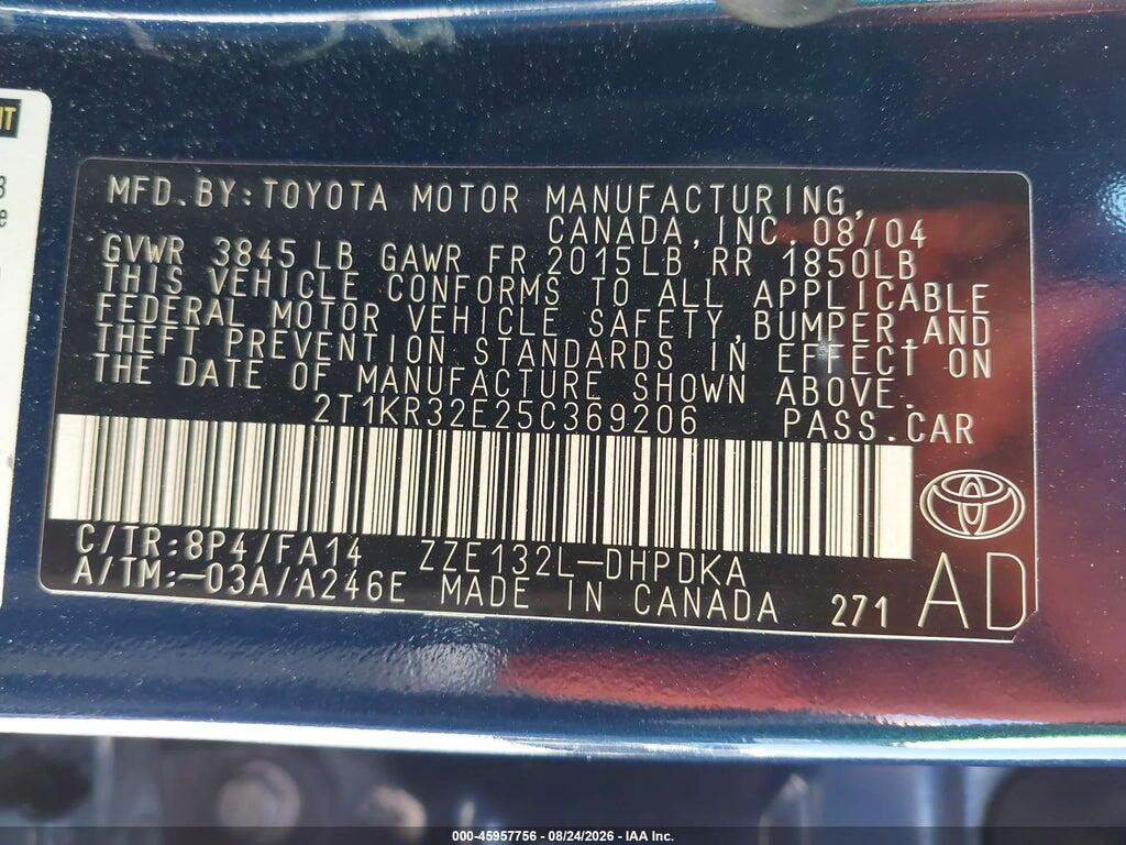 2T1KR32E25C369206 2005 TOYOTA MATRIX photo no. 9