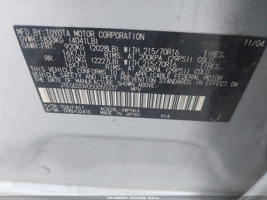 JTEGD20V050055237 2005 TOYOTA RAV4 photo no. 9