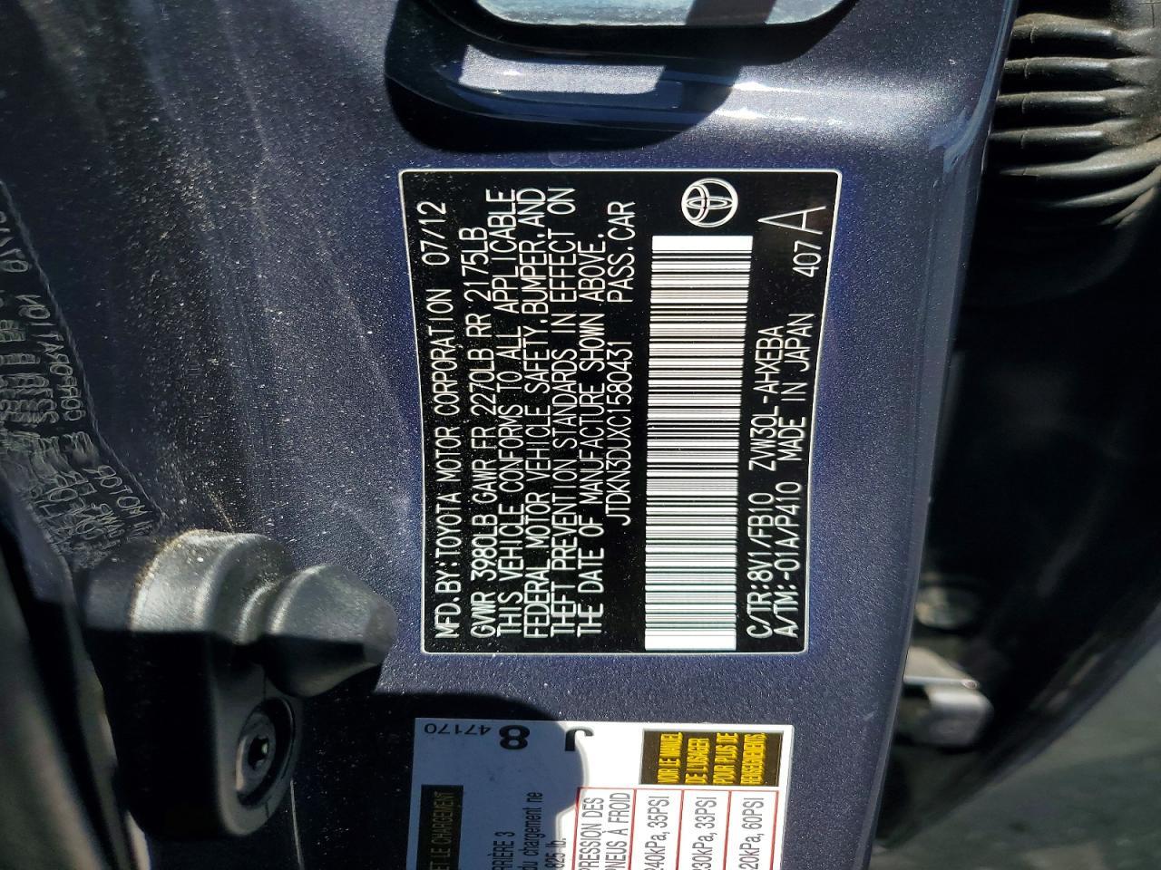 JTDKN3DUXC1580431 2012 TOYOTA PRIUS photo no. 12