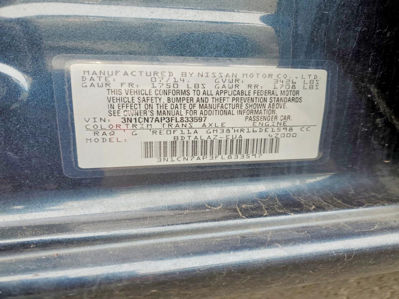 3N1CN7AP3FL833597 2015 NISSAN VERSA photo no. 12