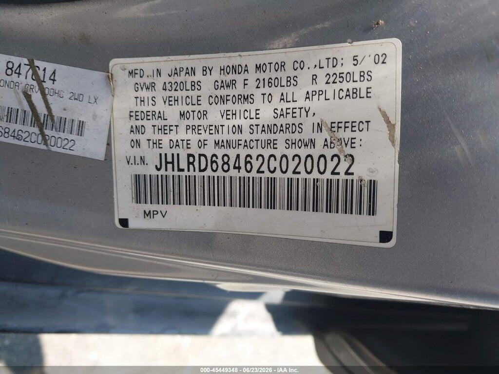 JHLRD68462C020022 2002 HONDA CR-V photo no. 9