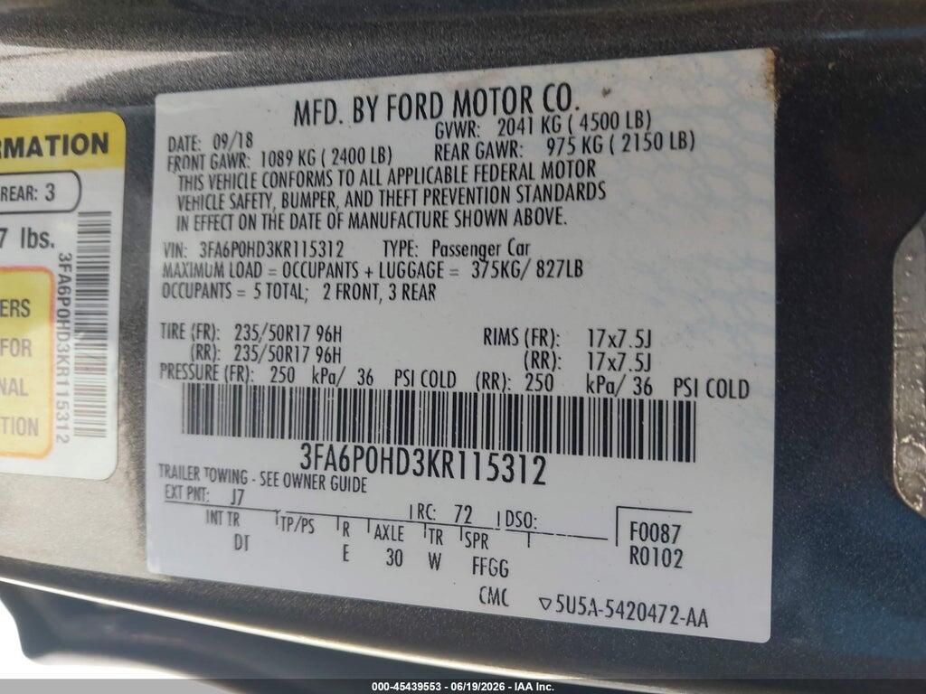 3FA6P0HD3KR115312 2019 FORD FUSION photo no. 9