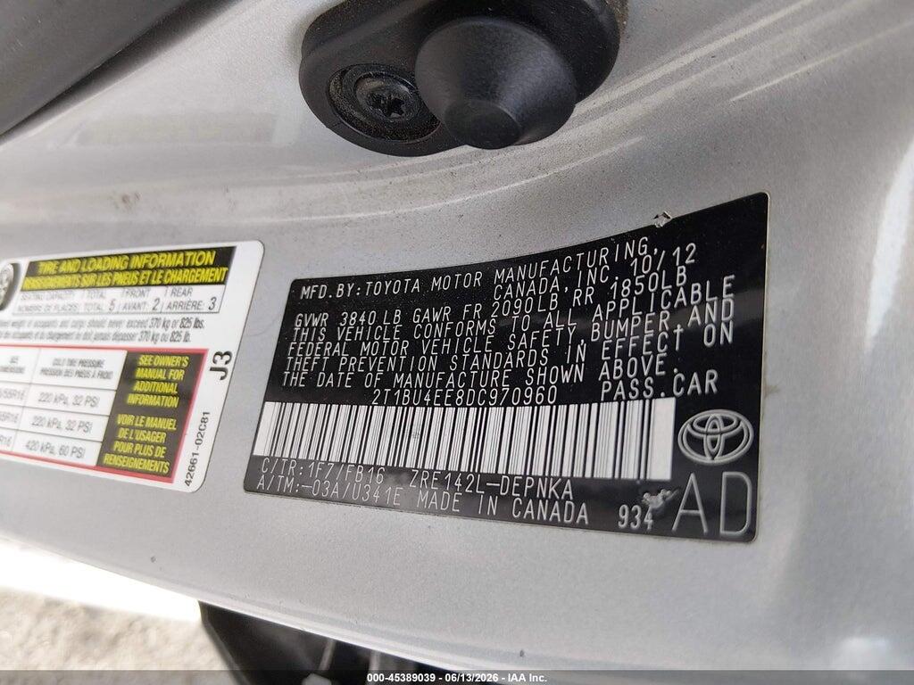 2T1BU4EE8DC970960 2013 TOYOTA COROLLA photo no. 9