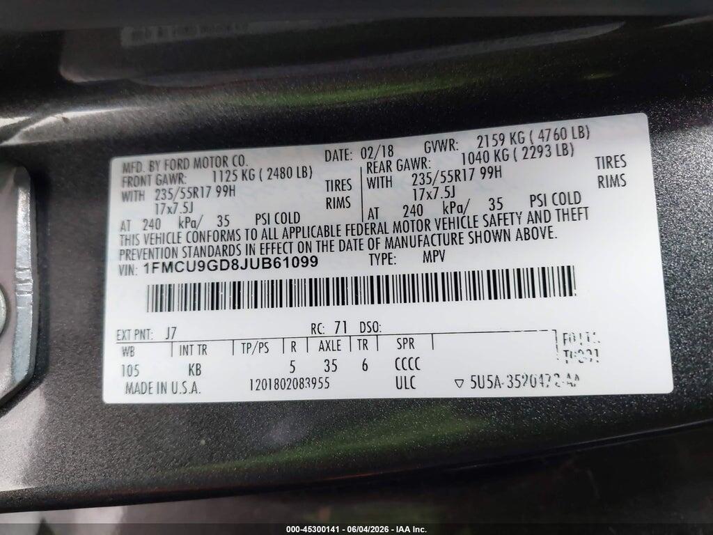 1FMCU9GD8JUB61099 2018 FORD ESCAPE photo no. 9