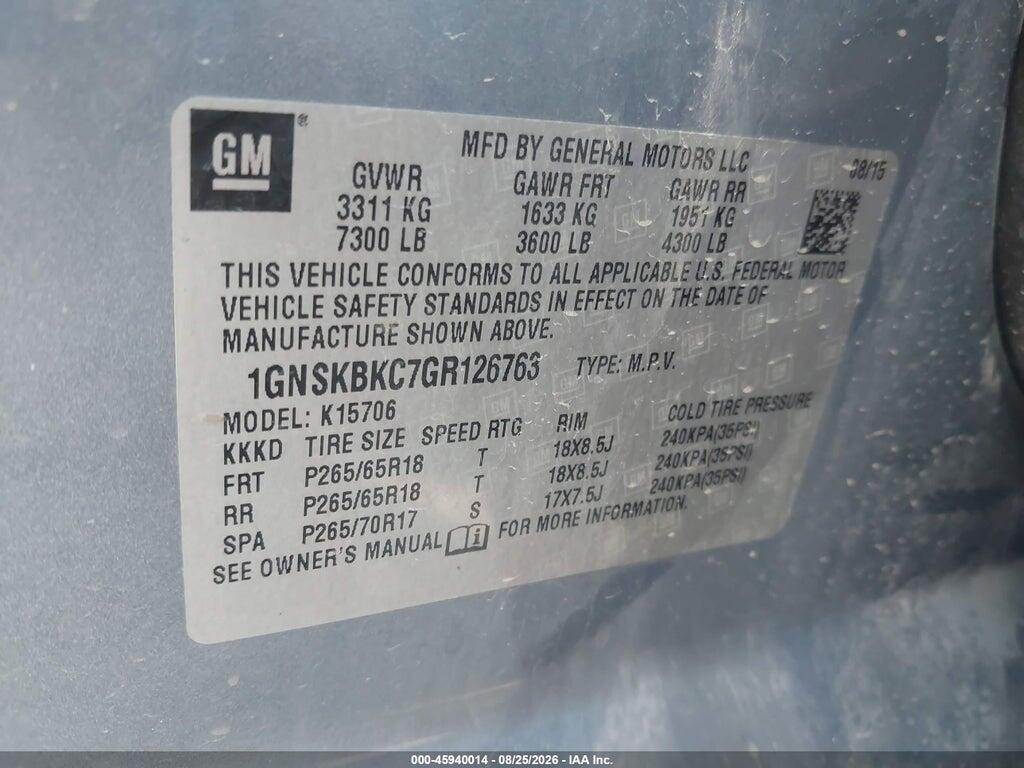 1GNSKBKC7GR126763 2016 CHEVROLET TAHOE photo no. 9