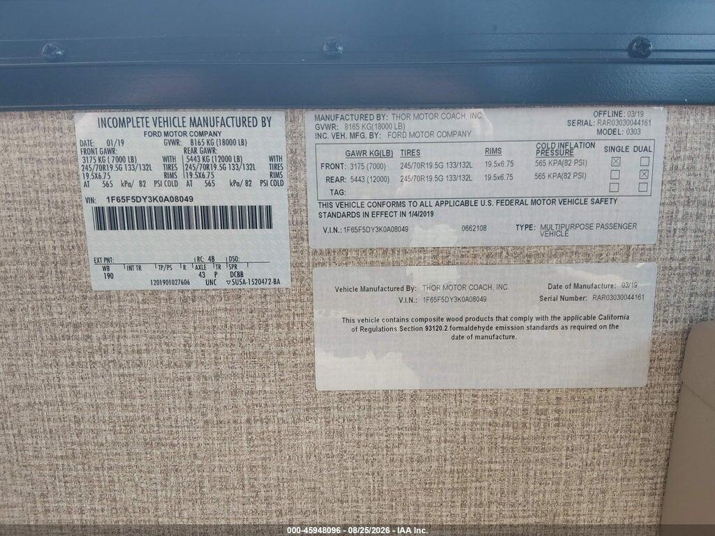 1F65F5DY3K0A08049 2020 FORD ACE photo no. 9