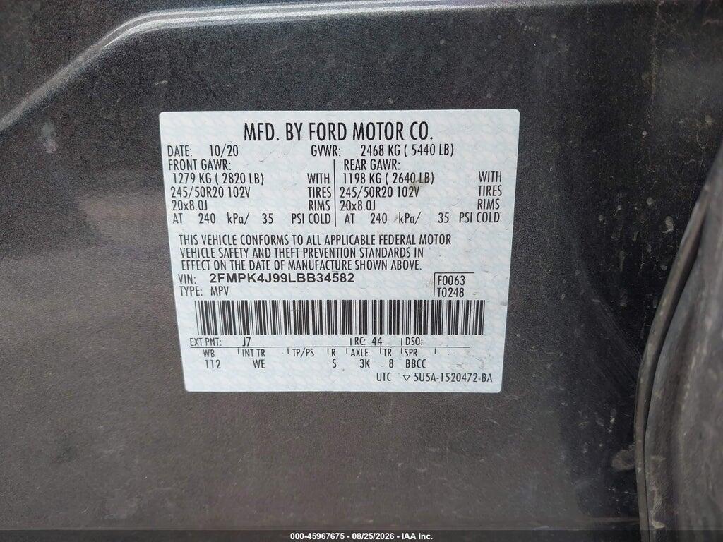 2FMPK4J99LBB34582 2020 FORD EDGE photo no. 9