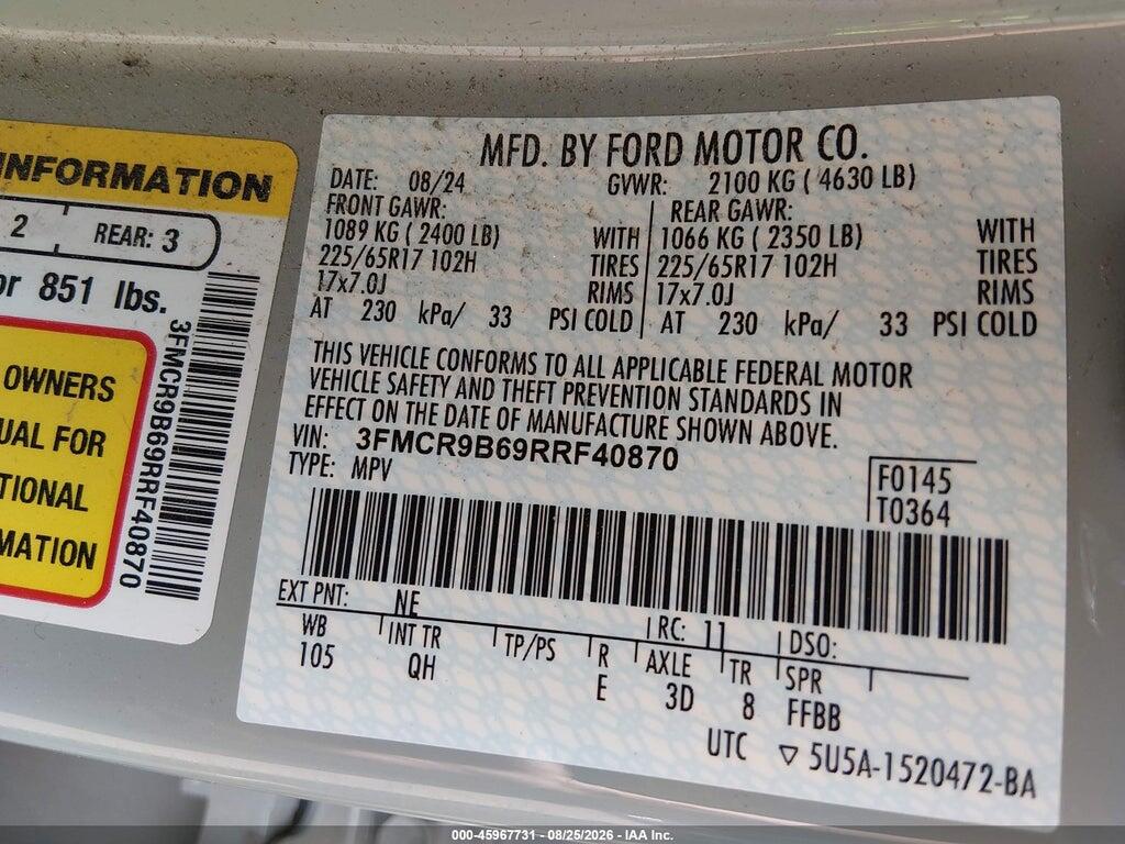 3FMCR9B69RRF40870 2024 FORD BRONCO SPORT photo no. 9