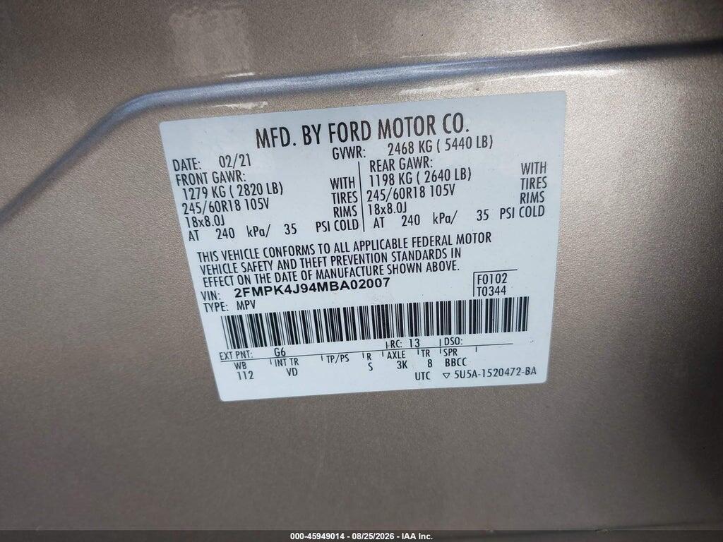 2FMPK4J94MBA02007 2021 FORD EDGE photo no. 9