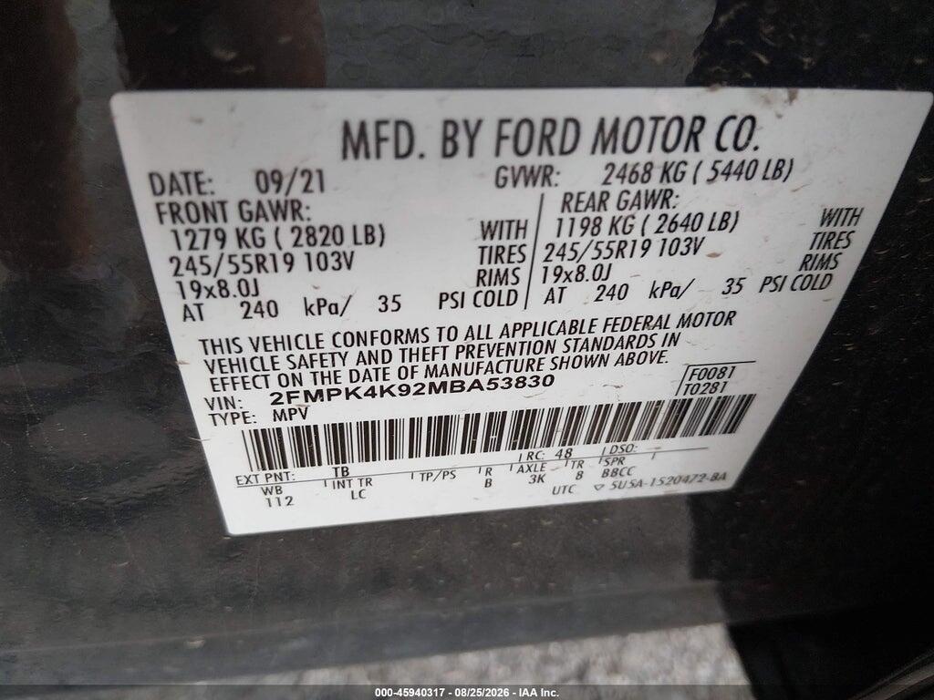 2FMPK4K92MBA53830 2021 FORD EDGE photo no. 9