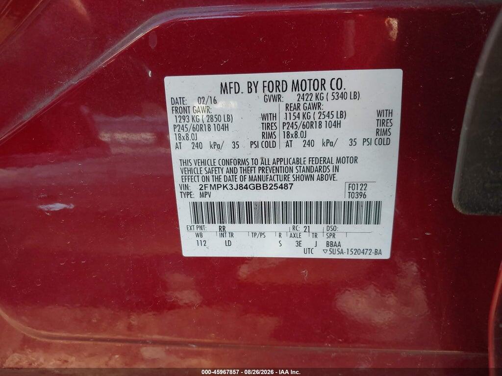 2FMPK3J84GBB25487 2016 FORD EDGE photo no. 9