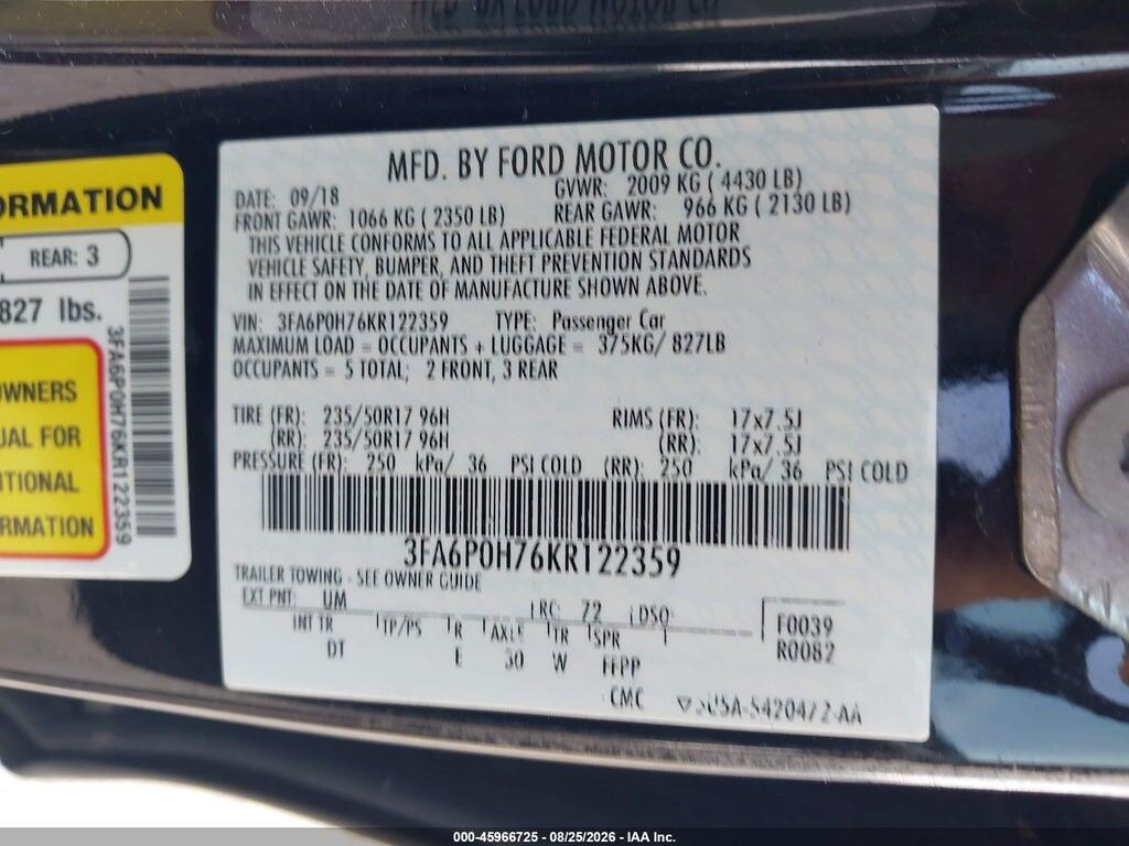 3FA6P0H76KR122359 2019 FORD FUSION photo no. 9