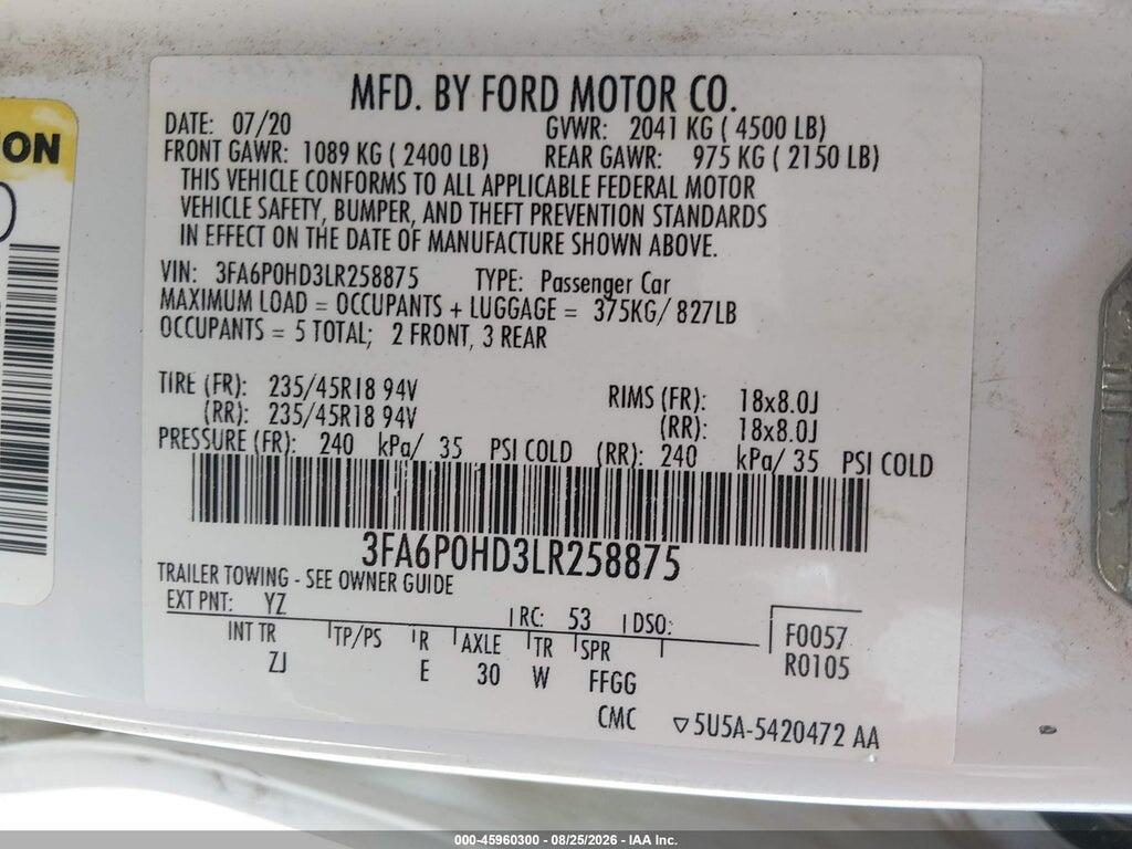 3FA6P0HD3LR258875 2020 FORD FUSION photo no. 8