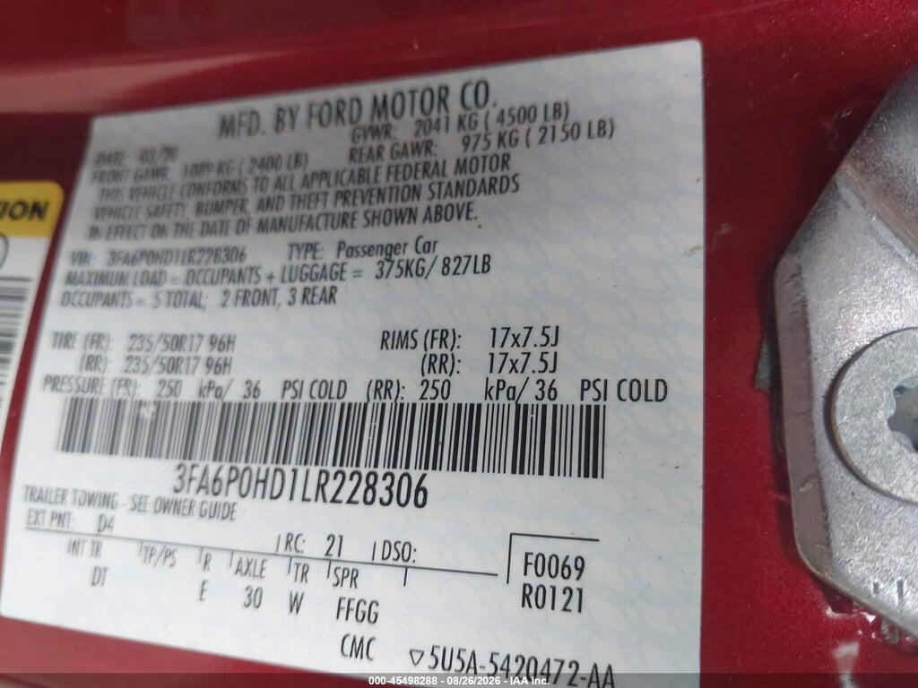 3FA6P0HD1LR228306 2020 FORD FUSION photo no. 9