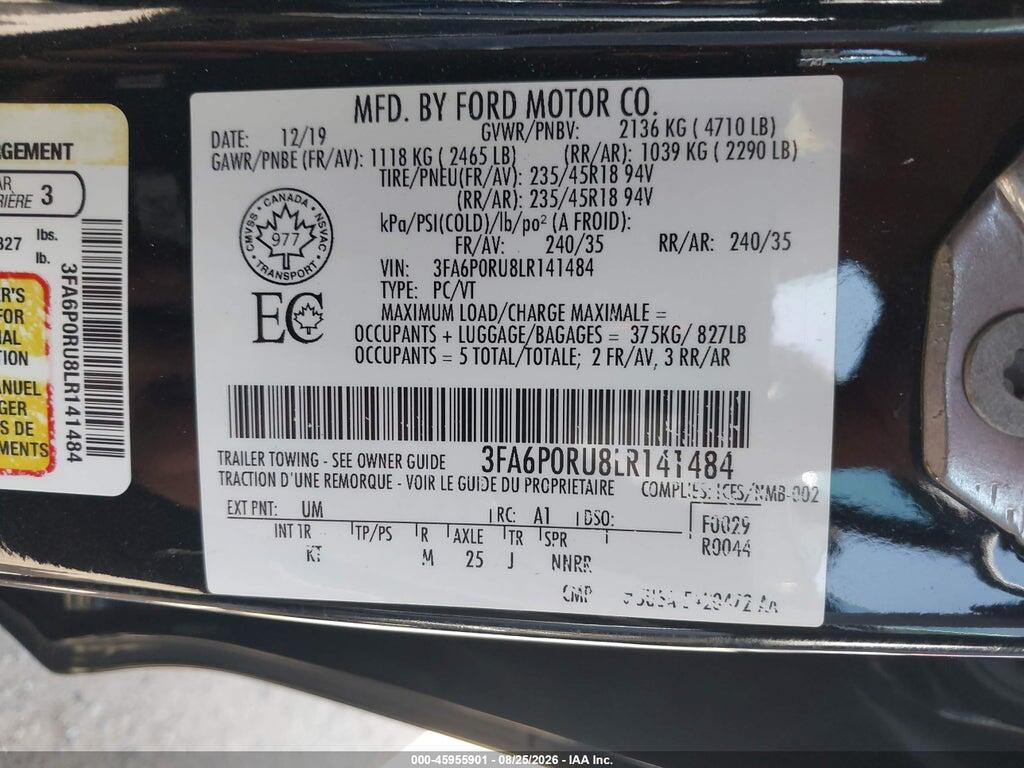 3FA6P0RU8LR141484 2020 FORD FUSION HYBRID photo no. 9