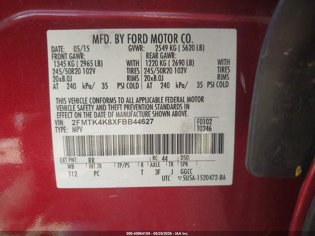 2FMTK4K8XFBB44627 2015 FORD EDGE photo no. 9