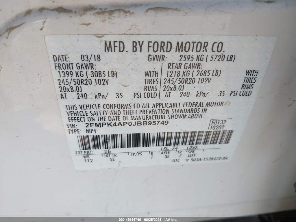 2FMPK4AP0JBB95749 2018 FORD EDGE photo no. 9