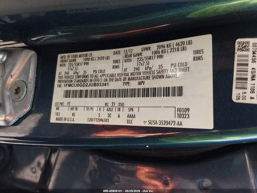 1FMCU0GD2JUB03341 2018 FORD ESCAPE photo no. 9