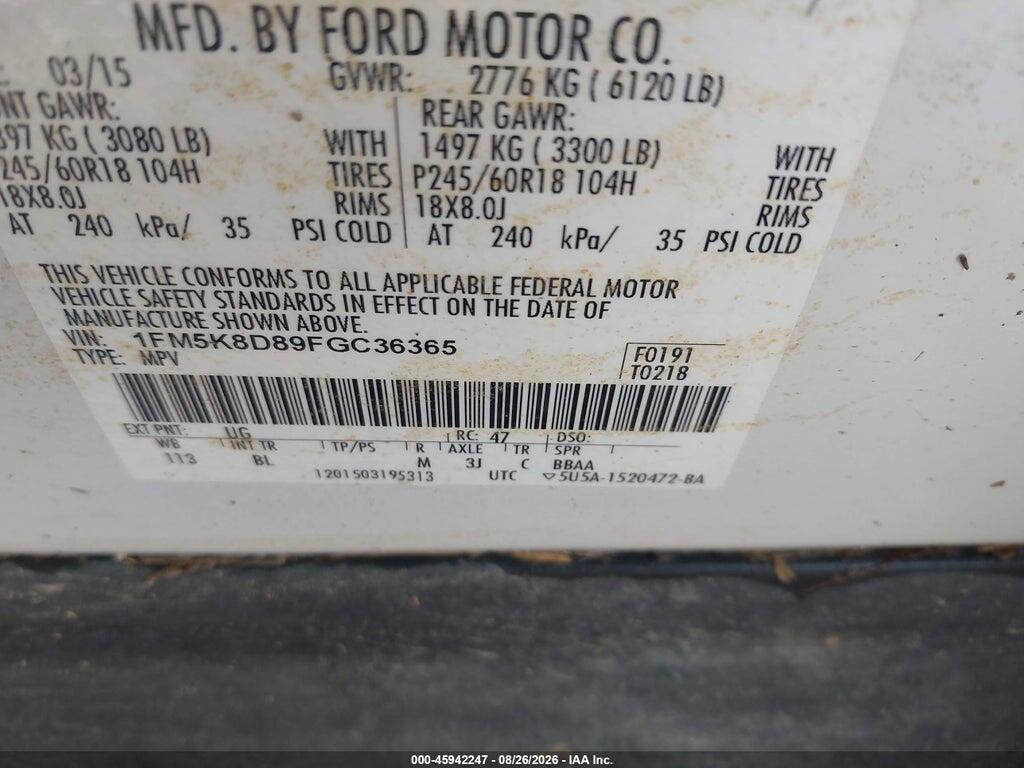 1FM5K8D89FGC36365 2015 FORD EXPLORER photo no. 9