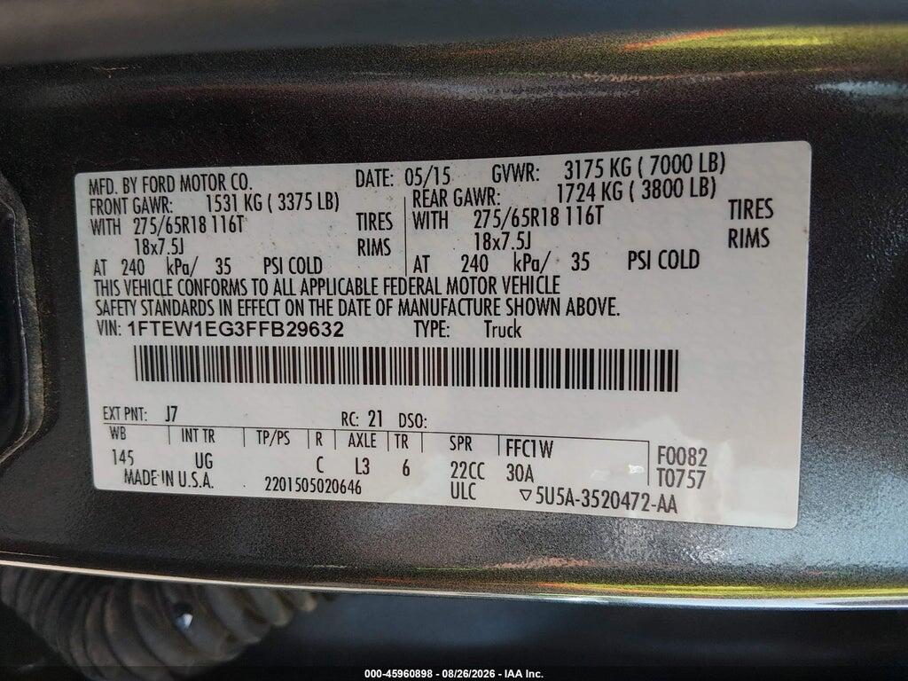 1FTEW1EG3FFB29632 2015 FORD F-150 photo no. 9