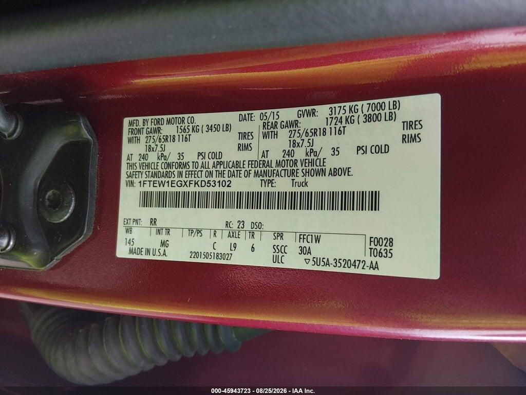1FTEW1EGXFKD53102 2015 FORD F-150 photo no. 9