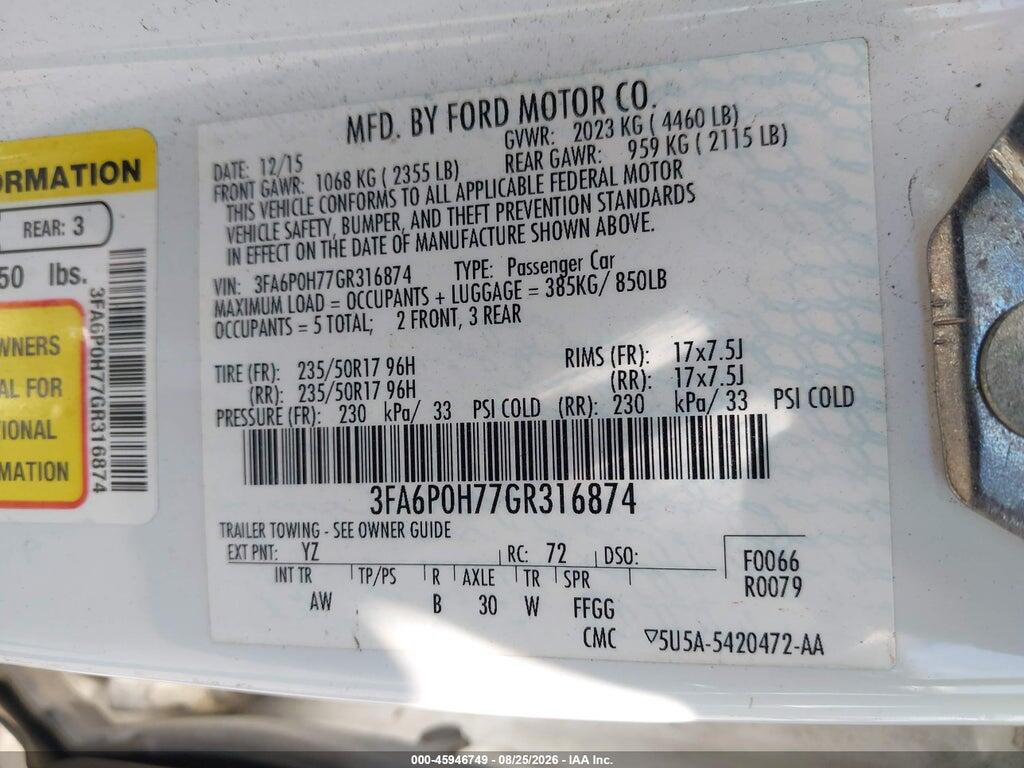 3FA6P0H77GR316874 2016 FORD FUSION photo no. 9