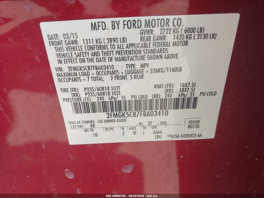2FMGK5C87FBA03410 2015 FORD FLEX photo no. 7