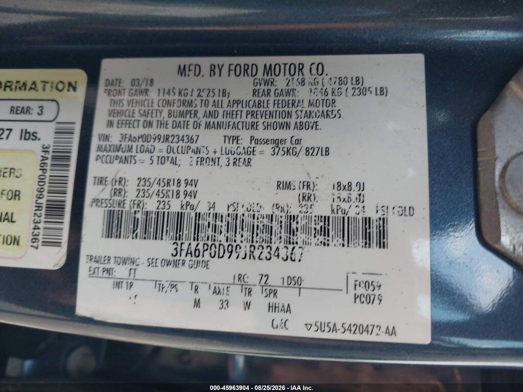 3FA6P0D99JR234367 2018 FORD FUSION photo no. 9